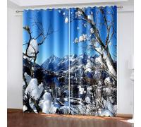 Bedroom Curtains 84 Inch Length 2 Panels Set, Curtains Kitchen Snow Mountain Village Landscape Grey Blue Drapes Blackout 2 Piece 38W x 84L Inch