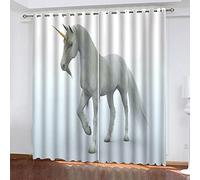 Bedroom Curtains Blackout Eyelet 3D Fashionable White Horse Print Window Drapes For Bedroom Living Room 70x98 Inch 2 Panels Pattern Thermal Insulated Curtain For Kids Boy Girl Playroom Ring Top