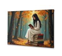 Bedroom Decor A Woman In A White Dress Sits On A Stack Of Books, Reading In An Autumn Forest. Canvas Decorative Picture Religious Easter Decorations Rustic Home Decor(40x60cm)