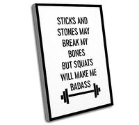 Bedroom Decor For Women,Canvas Wall Art,Cheap Office Decor,Sticks And Stones May Break My Bones But Squats Will Make Me Badass,Gym Trainer Gift,Motivation,Gym Motivation,12x16 Inch UnFramed Wall Art