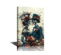 Bedroom Decor Wall Art Gothic Romance Printed Wall Paintings 1 Piece Skeletons Wall Decoration for Living Room Decor Two Elegantly Dressed Skeletons Wall Pictures Framed Ready to Hang (12''Wx 18''H)