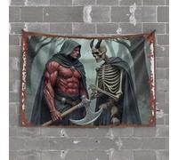 Bedroom Door Decorations A Daring Confrontation: The Red Cloaked Warrior Vs. Death Tapestry Funny Kitchen Decor Vintage Decor(100X150CM)