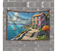 Bedroom Door Decorations Coastal Dream: A Pastel House by The Sea with Sailboats and Lush Tapestry Funny Kitchen Decor Vintage Decor(75X100CM)