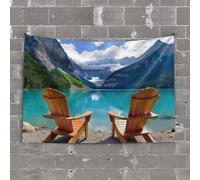 Bedroom Door Decorations Two Wooden Chairs Facing A Serene Lake Surrounded by Mountains Tapestry Garage Decor for Men Tapestry for Bedroom Aestheti(100X150CM)