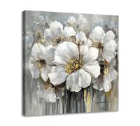 Bedroom Flower Picture Wall Art White and Gray Floral Painting with Gold on Canvas for Living Room Decor 24 x 24