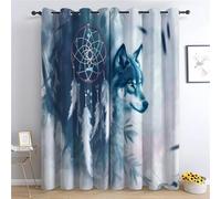 Bedroom Living Room Blackout Window Curtain 72x84 in, Dreamcatcher Feather Wolf Curtains Light Blue Bring Grommet-Thermal Insulated Dust-Proof, Anti-Fade Curtain, for Children's Room