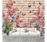 Bedroom No Overlap Wallpaper Mural 250X175 cm Brick Wall, Butterfly, and Floral Non-Woven Premium Photo Wallpaper Peel and Stick red Non-self-Adhesive Home Room Decoration Wall Stickers