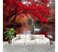 Bedroom No Overlap Wallpaper Mural 250X175 cm Swan Lake in Autumn Non-Woven Premium Photo Wallpaper Peel and Stick Red Non-self-Adhesive Home Room Decoration Wall Stickers