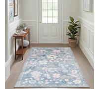 Bedroom Rugs 3x5 Machine Washable Non Skid Stain Resistant Low Pile Faux Fur Area Rug Soft Boho Retro Floral Accent Small Carpet for Living Room Entrance Farmhouse Bedside Nursery Girls,Light Blue