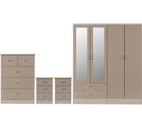 Nevada 4 Piece Oyster Gloss Bedroom Set - 4 Door 2 Drawer Mirrored Wardrobe, 5 Drawer Chest & 2 x 3 Drawer Bedside
