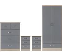 Bedroom Set 4 Piece Nevada 2 Door 1 Drawer Wardrobe, Bedsides, Chest Grey Gloss