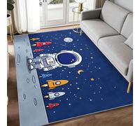 Bedroom Space Universe Astronaut Rocket Rug Printed Carpet 140 x 200 cm, Machine Washable Non-Slip Cartoon Rug - Low-pile Deep Blue Carpet for Kitchen Bedroom Dining Room - Kid & Pet Friendly