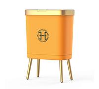 Bedroom Trash Can with Lid,Slim Bathroom Trash Cans with Lids, Dog Proof Trash Bin with Press Top Lid,Modern Gold Trash Can Plastic Waste Basket for Living Room, Office,Kitchen, 4 Gal-Orange