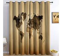Bedroom W 110" x L 102" 100% Blackout Curtain, Retro Style Thermal Insulated Noise Reducing Soft Curtains, Washable Abstract Map Worn Out Textures Panels for Kids Room Living Room