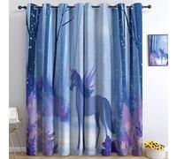Bedroom W 132" x L 72" 100% Blackout Curtain, Fantasy Style Thermal Insulated Noise Reducing Soft Curtains, Washable Cartoon Winter Forest Unicorn Panels for Kids Room Living Room