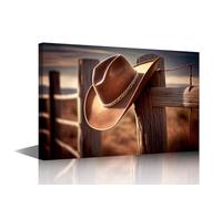 Bedroom Wall Art 1 Panels Cowboy Hat Hung on a Fence at Sunset Posters Print on Canvas Wall Decor for Home Office Wall Decoration Stretched Framed Gallery-Wrapped Ready to Hang 36x24 in