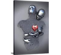 Bedroom Wall Decor,Framed Romantic Couple Living Room Canvas wall art,Love Heart 3D Metal Sculpture Effect,Black and White Modern Abstract hug Lovers Painting Picture Poster Prints for Bathroom Hotel