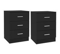 Bedside Cabinet 2-Piece Black Engineered Wood 38x35x56 cm 3-Drawer Slim Modern.