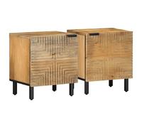 Bedside Cabinet 2pc Brown Solid Mango Wood 40x33x46 cm Metal Legs Nightstand Set
