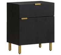 Bedside Cabinet Black 50x33x60 cm Engineered & Mango Wood with Brass 1 Drawer UK