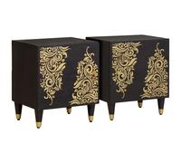 Bedside Cabinet Black Mango Wood 40x33x46cm Handpainted Front Brass Knob Storage