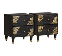 Bedside Cabinet Black Solid Mango Wood 40x33x46cm 2-Drawer Brass Knobs Handmade