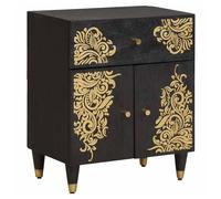 Bedside Cabinet Black Solid Mango Wood 50x33x60cm Hand-Painted Door Drawer Brass