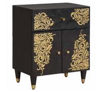 Bedside Cabinet Black Solid Mango Wood 50x33x60cm Hand-Painted Door Drawer Brass