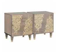 Bedside Cabinet Grey Solid Mango Wood 40x33x46cm Hand-Painted Front Brass Knobs