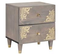 Bedside Cabinet Grey Solid Mango Wood 40x33x46cm Hand-Painted Front Brass Knobs