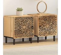 Bedside Cabinet Natural Mango Wood 40x33x46cm Hand-Carved Floral 2pc Retro Legs