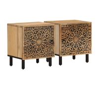 Bedside Cabinet Natural Mango Wood 40x33x46cm Hand-Carved Floral 2pc Retro Legs