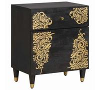Bedside Nightstand Black Solid Mango Wood 50x33x60cm 1 Drawer Door Brass Knobs