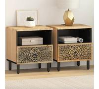 Bedside cabinets 2pc Natural Mango Wood 40x33x46cm Hand-Carved Floral Retro Set