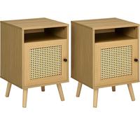 HOMCOM Nightstand Rattan Bedside Table Sofa Side Table W Cabinet Shelf, Brown