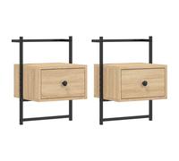 2x Wall-Mounted Bedside Cabinets Brown Oak 35x30x51cm Engineered Wood Metal Pair
