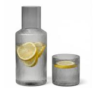Bedside Carafe and Glass Set, Use Tumbler as Lid Night Table Water Carafe, Classic Vertical-Striped 33.8oz Glass Pitcher with 11.8oz Tumbler Lid for Nightstand, Mouthwash (Smoke Grey)