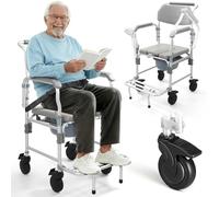 Bedside Commode Wheelchair with Drop Arms Lockable Casters, Waterproof Aluminum Shower Chair, Anti-Tilt Foldable Footrest, Sponge Padded Seat, 330lbs Weight Capacity, 3 in 1 Bedside Commode Chair