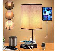 Bedside Lamp with USB Ports & AC Outlets, 15W Wireless Charger Table Lamp with Clock, 3 Way Dimmable Nightstand Lamps for Bedroom Living Room,Touch Lamp with Charging Station,Grey Shade & Black Base