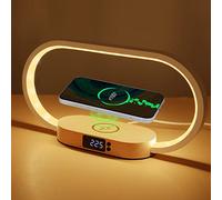 Bedside Lamp with Wireless Charger, LED Table Lamp with Touch Control, USB Port, 3 Color Modes & Clock, Dimmable Wooden Nightstand Lamp Modern Desk Lamp, Eye-Caring Night Light for Home Bedroom Office