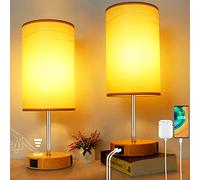 Bedside Lamps Set of 2, Modern Table Lamp with Type C & USB A Charging Ports, 3 Way Dimmable Table Light with Yellow Kraft Lampshade for Bedroom Living Room, E27 6W LED Bulbs Included
