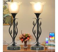 Bedside Lamps Set of 2, Table Lamp with USB Port 3 Way Dimmable Touch lamp Torchiere Nightstand Lamps with Rustic Vines Leaf and Glass Flower Shade lamp for Bedroom, Living Room, Office