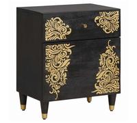 Bedside Nightstand Black Solid Mango Wood 50x33x60cm 1 Drawer Door Brass Knobs
