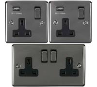 Bedside Plug Socket Pack-2x Single / USB & 1x Twin Gang-BLACK NICKEL / Black 13A