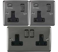 Bedside Plug Socket Pack-2x Single / USB & 1x Twin Gang-BLACK NICKEL / Black 13A