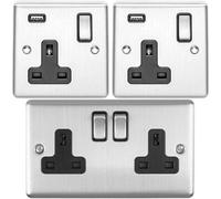 Bedside Plug Socket Pack-2x Single / USB & 1x Twin Gang-SATIN STEEL / Black 13A