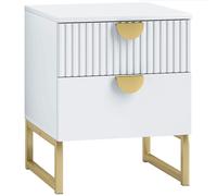 Bedside Table 2 Drawer White MDF 40x40x50cm Gold Handles Metal Base Stylish UK