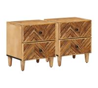 Bedside Table 2pc Brown Solid Mango Wood 40x33.5x46cm 4-Drawer Brass Knobs Black