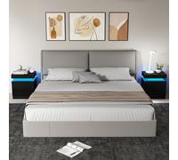 Bedside Table, High Gloss Front Bedside Cabinet w/ LED Light, Set of 2