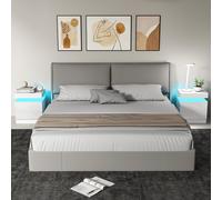 Bedside Table, High Gloss Front Bedside Cabinet w/ LED Light, Set of 2